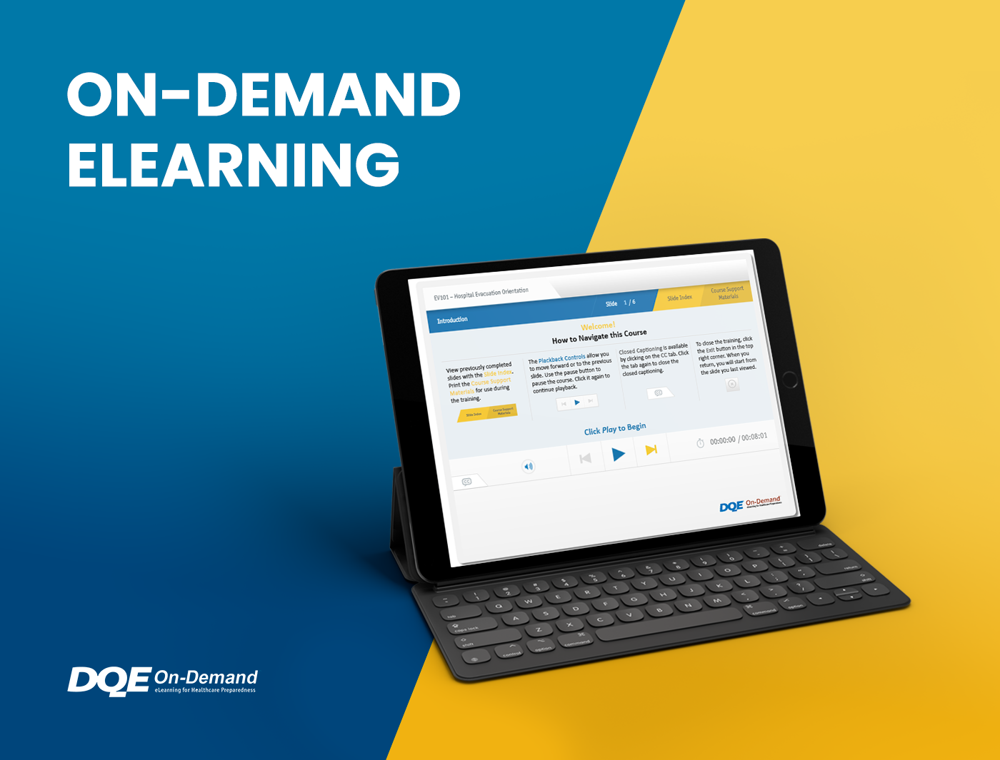 Designing Digitally - Tablet displaying an online training vendor's e-learning platform on a keyboard stand, with text "on-demand elearning" on a yellow and blue background. Designing Digitally -