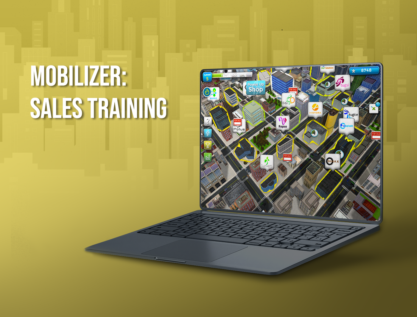Designing Digitally - Laptop displaying a map application with various icons, labeled "mobilizer: sales training", against a yellow gradient background by an eLearning Vendor. Designing Digitally -