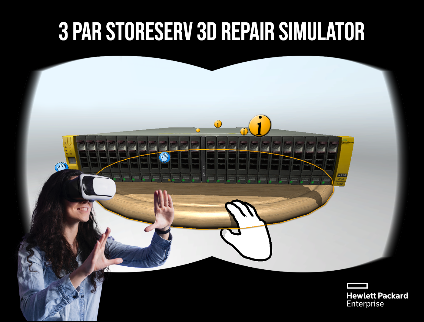 Designing Digitally - A woman wears a VR headset and interacts with a virtual screen displaying 3D Repair Simulators for a 3PAR StoreServ system. The Hewlett Packard Enterprise logo is in the bottom right corner. Designing Digitally -