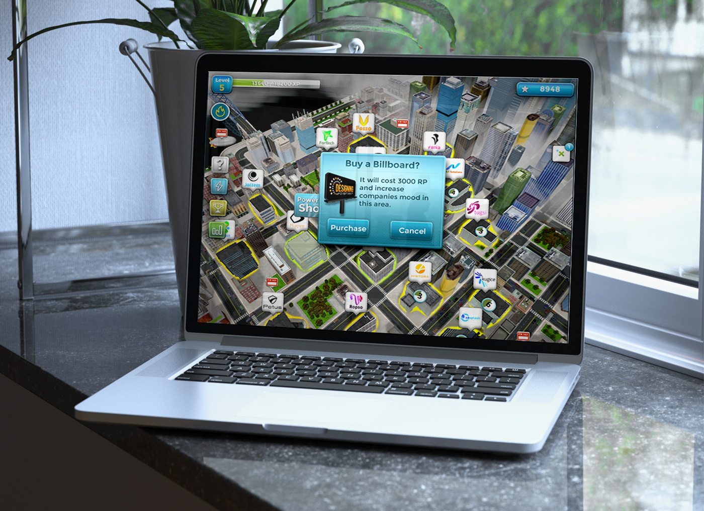 Designing Digitally - A laptop on a kitchen table displaying a city simulation game from an eLearning vendor, with a purchase dialog box open. Designing Digitally -