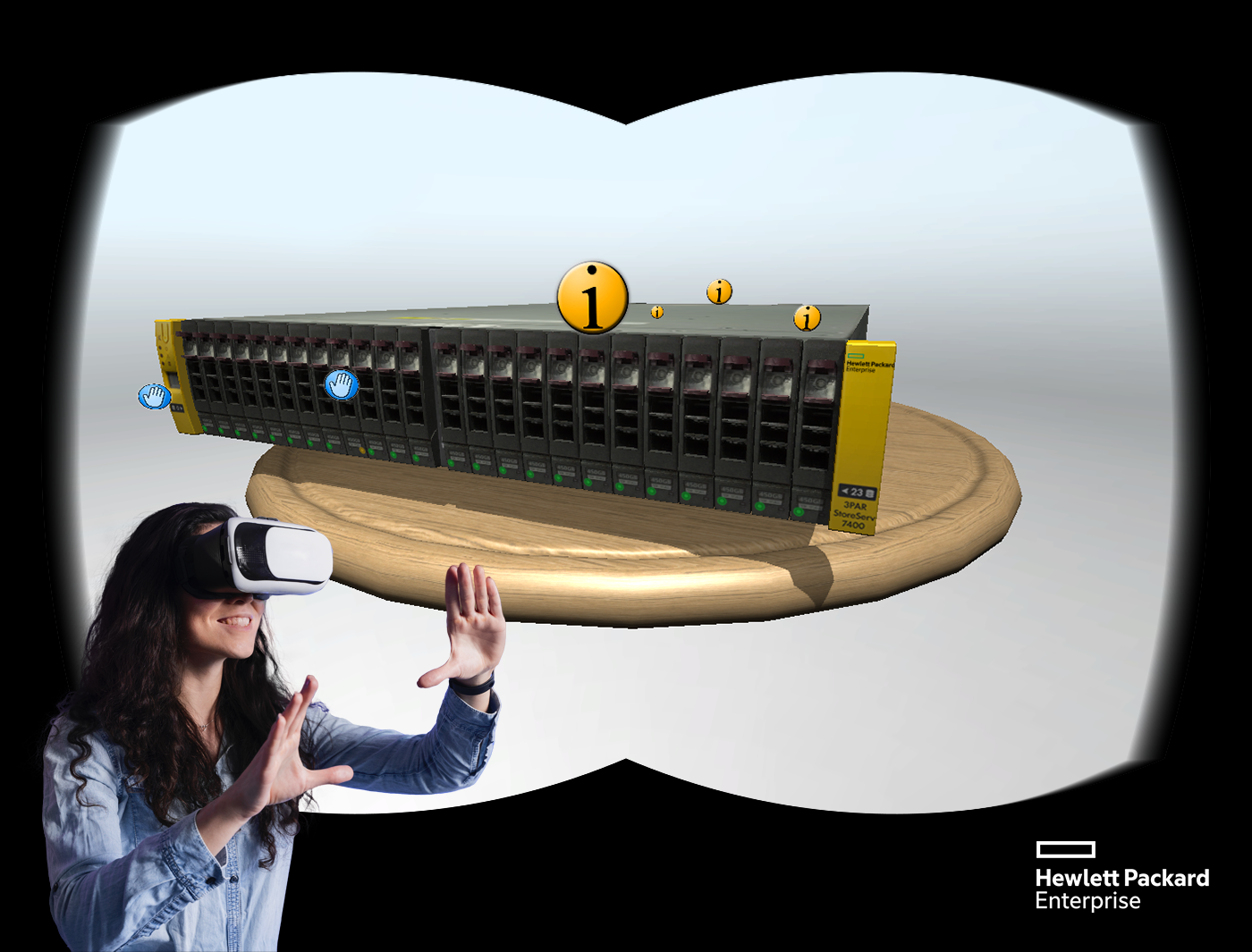 Designing Digitally - A person using a VR headset interacts with a virtual model of a Hewlett Packard Enterprise server, displayed on a screen, showcasing 3D repair simulators. Designing Digitally -