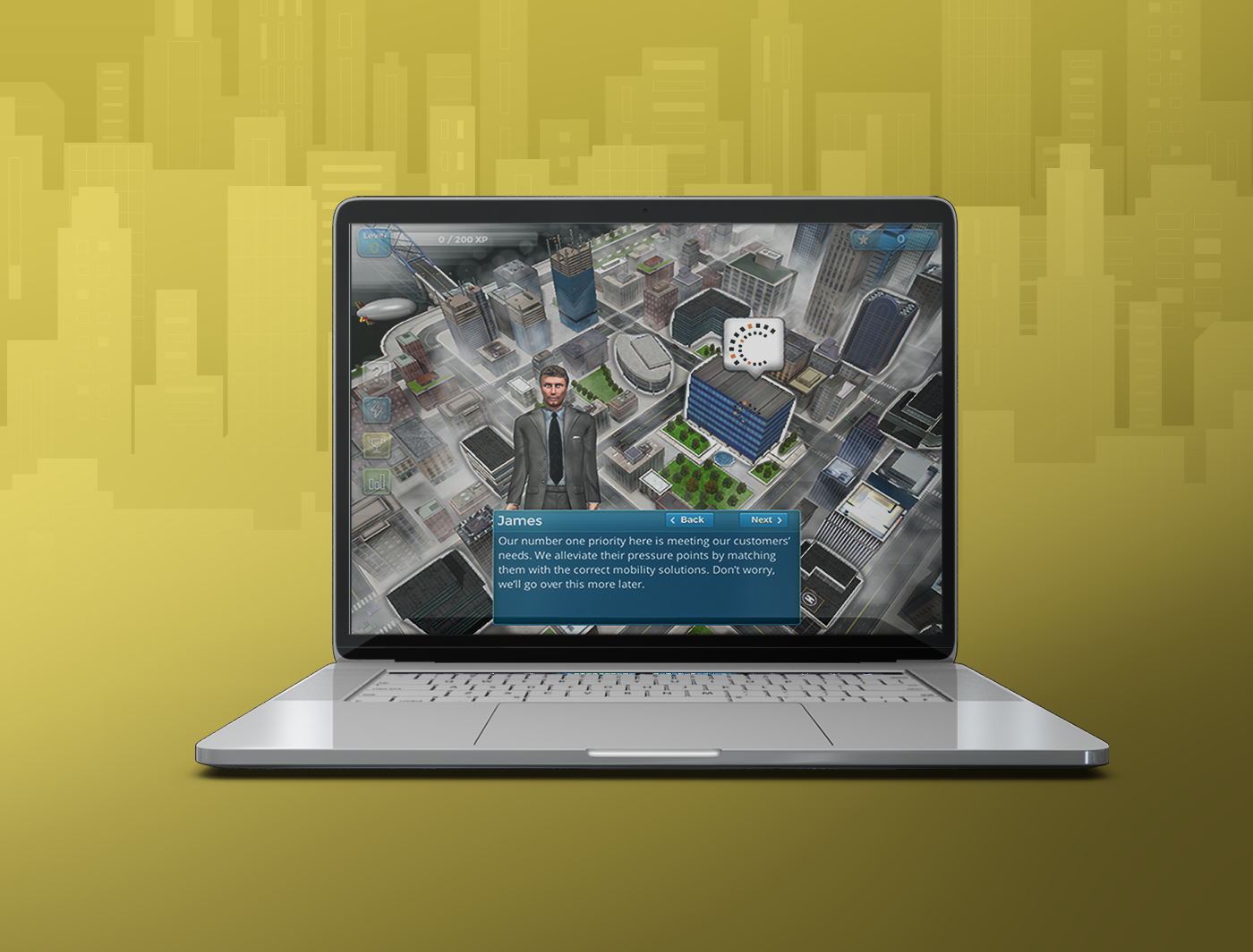 Designing Digitally - Laptop screen displaying an online training strategy game interface with a cityscape and a character named James, accompanied by dialogue text. Designing Digitally -