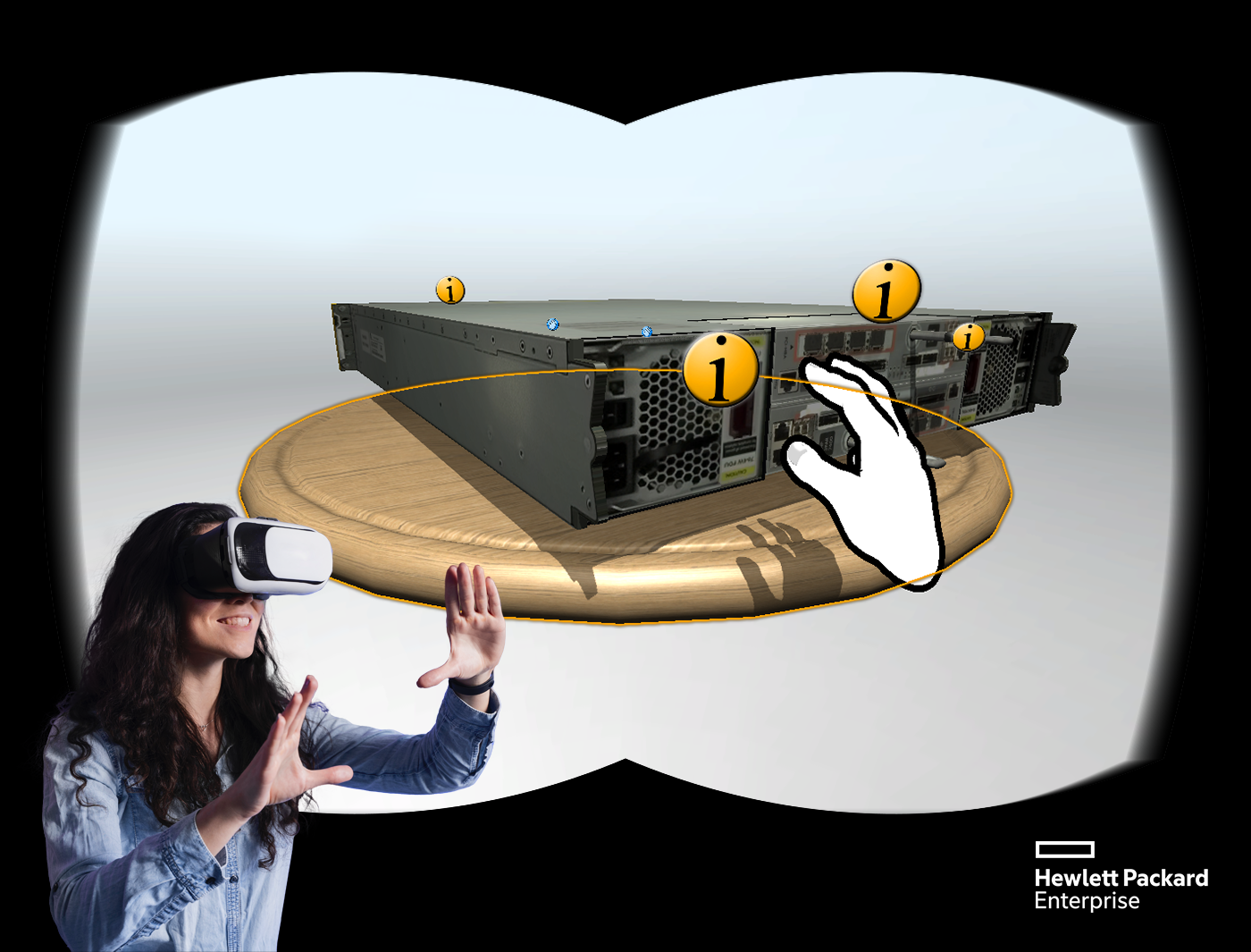 Designing Digitally - A person wearing a VR headset interacts with a virtual model of a Hewlett Packard Enterprise server, similar to using 3D repair simulators, pointing at information icons displayed on the server. Designing Digitally -