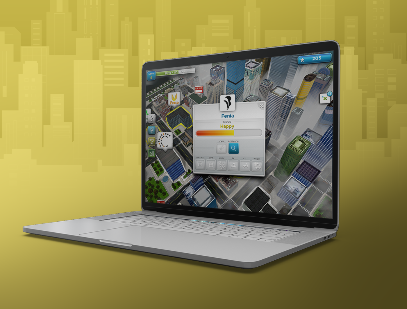 Designing Digitally - A laptop displaying a city-building simulation game with a popup window labeled "Simulations Vendor" on a stylized yellow background. Designing Digitally -