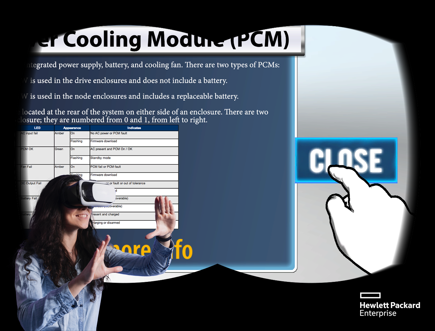 Designing Digitally - A person wearing a VR headset interacts with virtual content, seamlessly blending into 3D Repair Simulators, while the image shows technical text and a "CLOSE" button on the right. The Hewlett Packard Enterprise logo is visible at the bottom right. Designing Digitally -