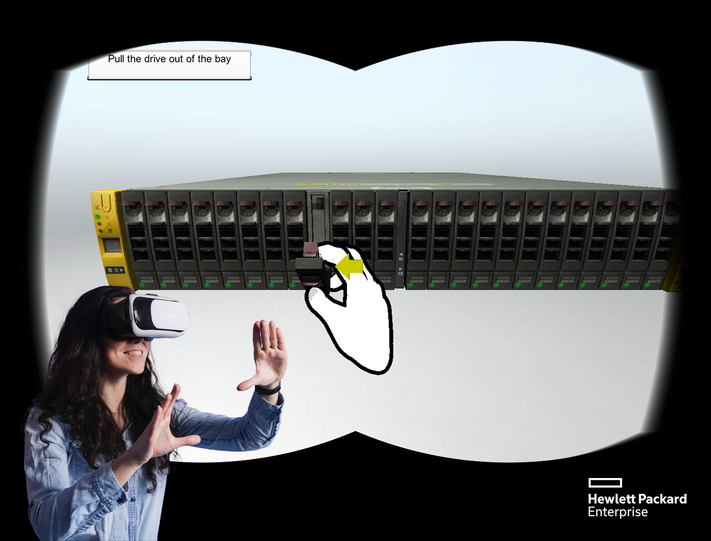 Designing Digitally - A person uses a virtual reality headset to interact with a 3D Repair Simulator, showing the removal of a drive from a server bay. The screen illustrates a hand pulling the drive out, with the Hewlett Packard Enterprise logo visible in the background. Designing Digitally -