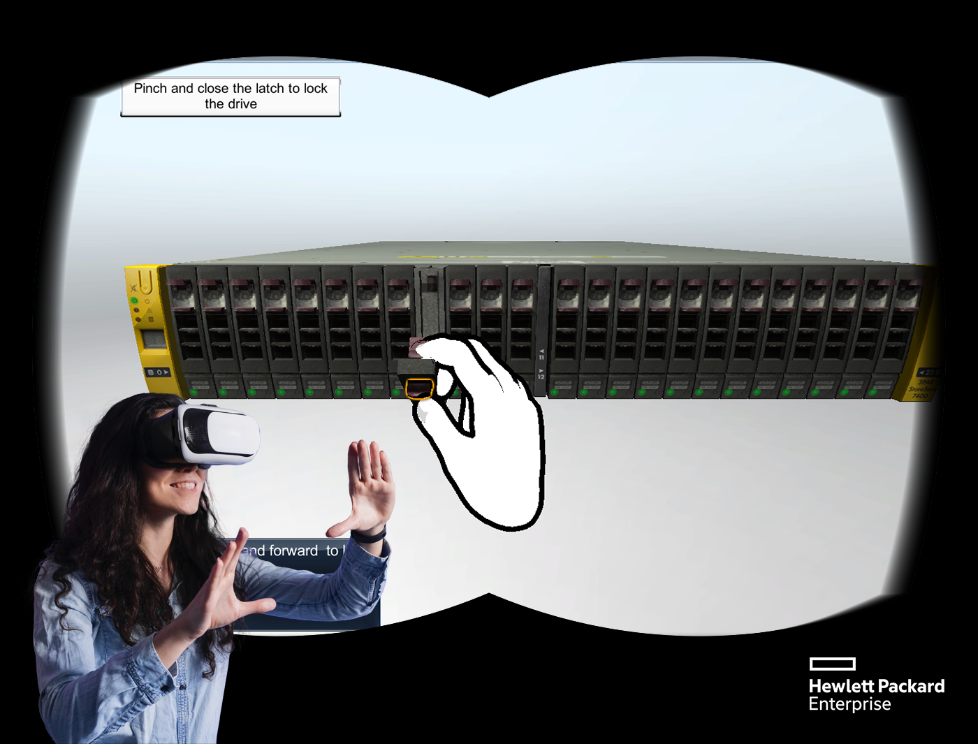 Designing Digitally - A person wearing a virtual reality headset interacts with a simulation of a Hewlett Packard Enterprise server, demonstrating how to pinch and close a latch to lock the drive, showcasing the advanced features of 3D repair simulators. Designing Digitally -