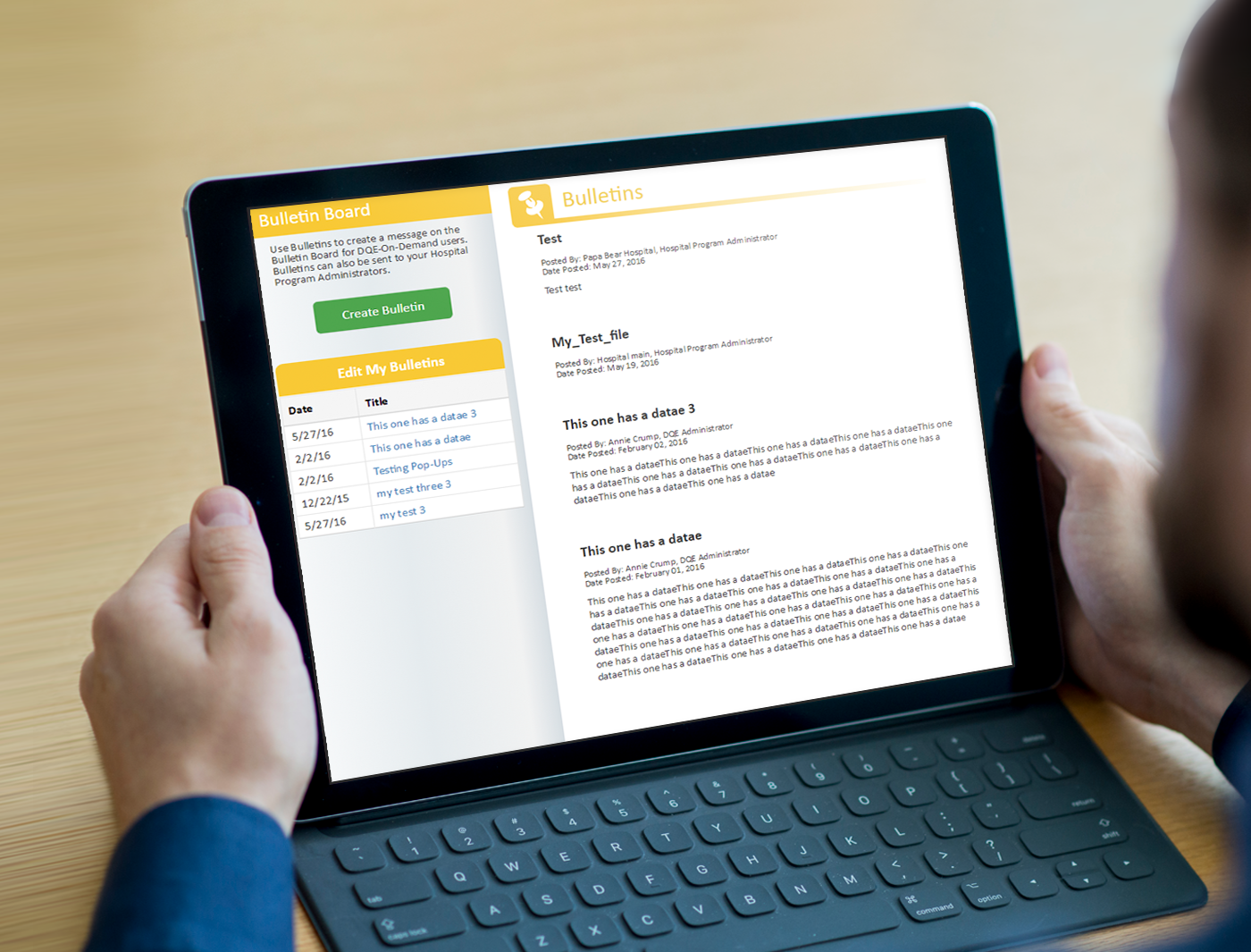 Designing Digitally - Person holding a tablet displaying a mobile app vendor's bulletin board interface with several text entries. Designing Digitally -