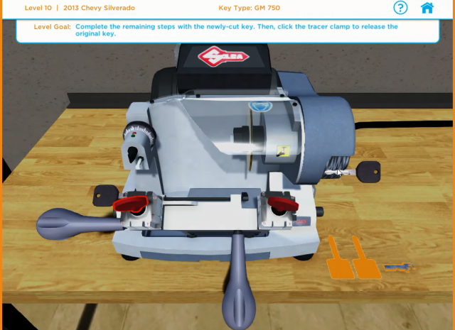 Designing Digitally - A key cutting machine sits on a workbench with a user interface displayed, indicating the task of completing key cutting for a 2013 Chevy Silverado using key type GM 750—a perfect scenario for Key Technician Onboarding Training. Designing Digitally -