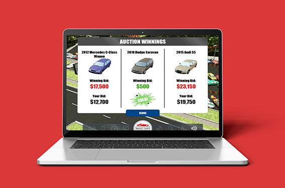 Designing Digitally - A laptop screen displaying an online auction website showing three vehicles with associated winning bid prices via a virtual reality interface. Designing Digitally -