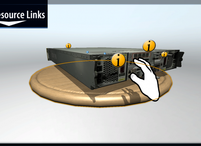 Designing Digitally - A 3D Repair Simulator showcases a server on a wooden platform, surrounded by various informational icons. A hand icon points towards the back of the server, highlighting its interactive features. Designing Digitally -