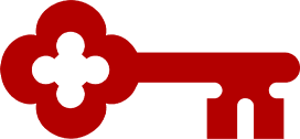 Designing Digitally - Red silhouette of an ornate key with a floral-patterned bow and a toothed blade, suitable as a logo for an eLearning vendor, displayed against a transparent background. Designing Digitally -
