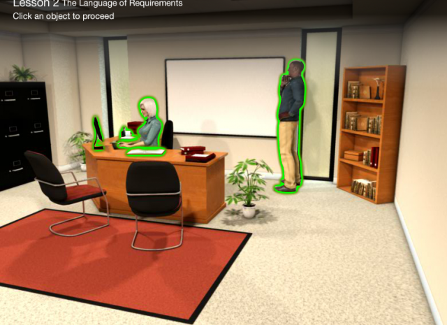 Designing Digitally - A person seated at a desk works on a computer while another stands near a bookshelf and a whiteboard. Office setting with chairs, file cabinets, and plants. Text reads: "Lesson 2: The Language of Requirements - Customized Project Management Training.” Designing Digitally -