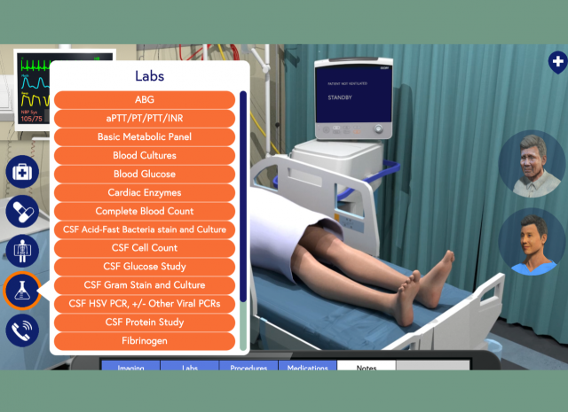 Designing Digitally - A digital eLearning vendor's medical simulation interface displaying lab test options with two virtual medical professionals in a hospital room. Designing Digitally -