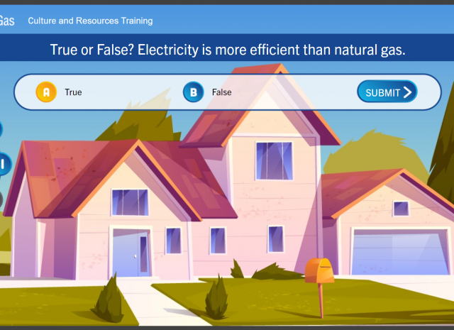 Designing Digitally - Culture & Diversity Online Training module with a question on energy efficiency comparing electricity and natural gas. Options to answer are "True" or "False," with a "Submit" button. Image backdrop depicts a house. Designing Digitally -