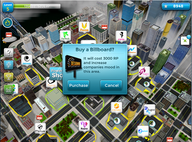 Designing Digitally - In-game screenshot of a city-building simulation from a Simulations Vendor, displaying a pop-up window that offers the option to buy a billboard, costing 3000 rp to boost area mood. Designing Digitally -