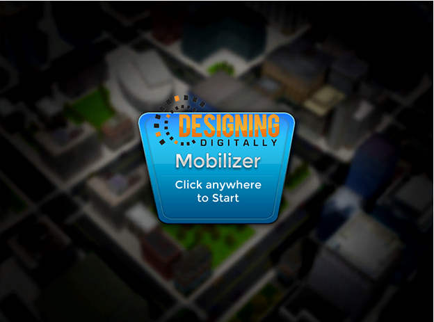 Designing Digitally - Blurred aerial view of a cityscape with a clear, central pop-up titled "designing digitally: eLearning vendor" and an instruction to "click anywhere to start". Designing Digitally -