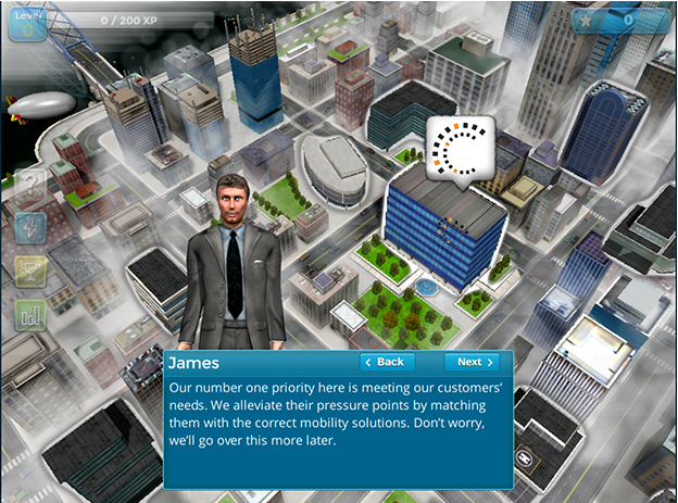 Designing Digitally - Screenshot from a city-building simulation game, featuring a 3D character named James in a suit, speaking in a dialogue box with a dice icon, set against an urban backdrop. This eLearning Vendor Designing Digitally -