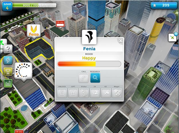 Designing Digitally - Screenshot of a city-building simulation game, showing a pop-up panel labeled "fenia" with a "mood: happy" indicator, set against a detailed 3D urban landscape created by an Designing Digitally -