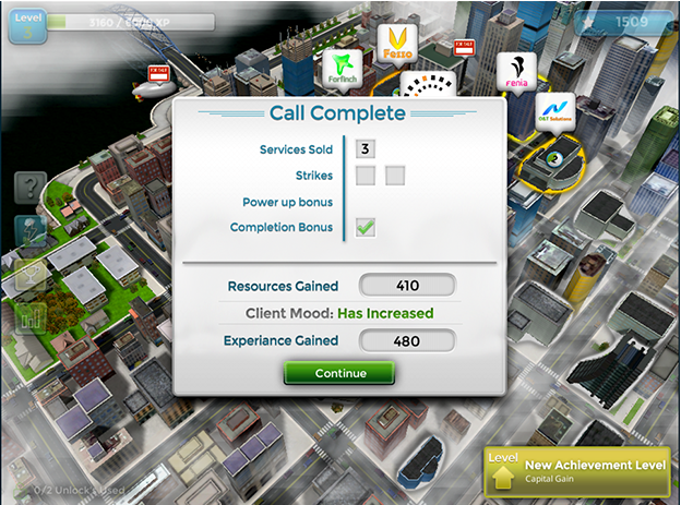 Designing Digitally - A screenshot of a mobile app interface displaying a "call complete" window with service and resource statistics, set against a cityscape background. Designing Digitally -