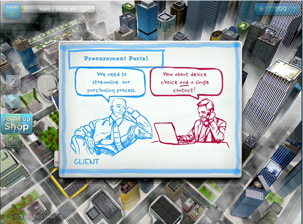 Designing Digitally - Illustration of a business meeting on a whiteboard, with dialogue about simulations for streamlining procurement processes, superimposed over a cityscape background. Designing Digitally -