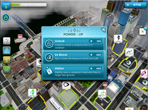 Designing Digitally - Screenshot of a virtual reality city-building simulation game displaying an in-game pop-up menu with options for power-ups and resource boost. Designing Digitally -