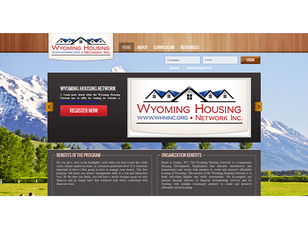Designing Digitally - Screenshot of the Wyoming Housing Network website’s homepage featuring navigation tabs, a scenic mountain backdrop, and eLearning vendor informational content. Designing Digitally -