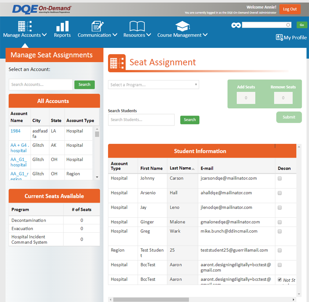 Designing Digitally - Screenshot of a software interface for managing seat assignments with various menu tabs, an account selection area, and a student information section, ideal for eLearning Vendor management. Designing Digitally -