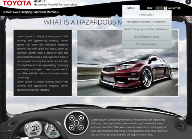 Designing Digitally - Screenshot of an online training module titled "Hazardous Material Transportation." It includes a menu, an image of a sports car, and placeholder text about hazardous materials. This Online Hazardous Materials Training Program ensures comprehensive coverage of safety protocols. Designing Digitally -