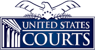 Designing Digitally - Logo of the United States courts featuring a white eagle above a blue depiction of a courthouse, framed by the organization's name in white text on a virtual reality background. Designing Digitally -