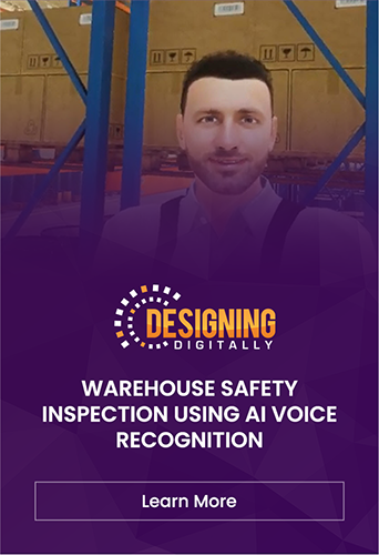 Designing Digitally - Promotional graphic for eLearning vendor featuring a man in a vest at a warehouse, with text about AI safety inspection using voice recognition. Designing Digitally -