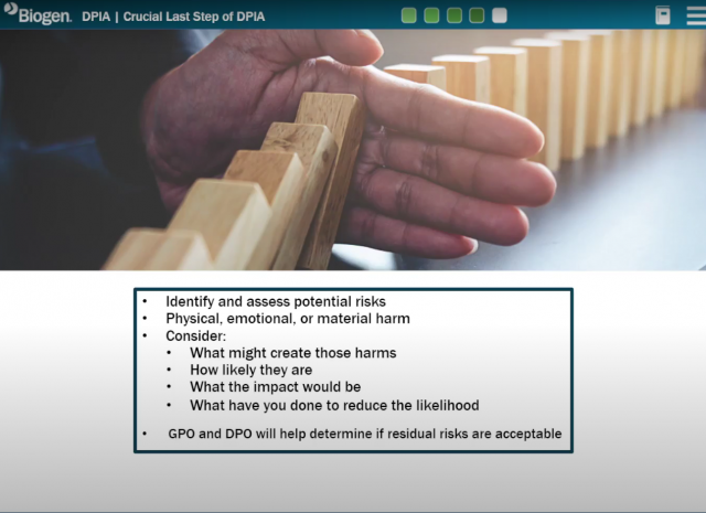 Designing Digitally - A hand stopping a line of falling dominoes. A text box outlines steps to identify and assess potential risks including harm types, likelihood, impact, and actions to reduce risks with GPO and DPO support. Data Protection Impact Training is also highlighted for comprehensive risk management. Designing Digitally -