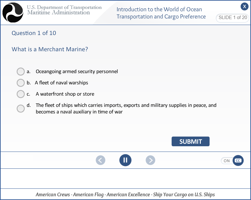 Designing Digitally - Slide from a U.S. Department of Transportation eLearning Vendor presentation, featuring a multiple-choice question about the definition of a merchant marine. Designing Digitally -