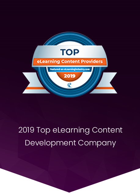 Designing Digitally - Digital badge awarded to the "2019 top eLearning vendor" on a blue and purple background. Designing Digitally -