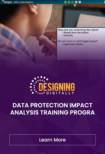 Designing Digitally - Promotional graphic for eLearning vendor's data protection impact analysis training program, featuring text and a partial view of a person using a tablet. Designing Digitally -