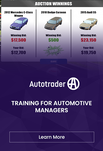 Designing Digitally - Auction winning display showcasing three cars with prices: a 2012 Mercedes E-Class, a sold 2010 Dodge Caravan, and a 2015 Audi SS, under the title "Auto Designing Digitally -