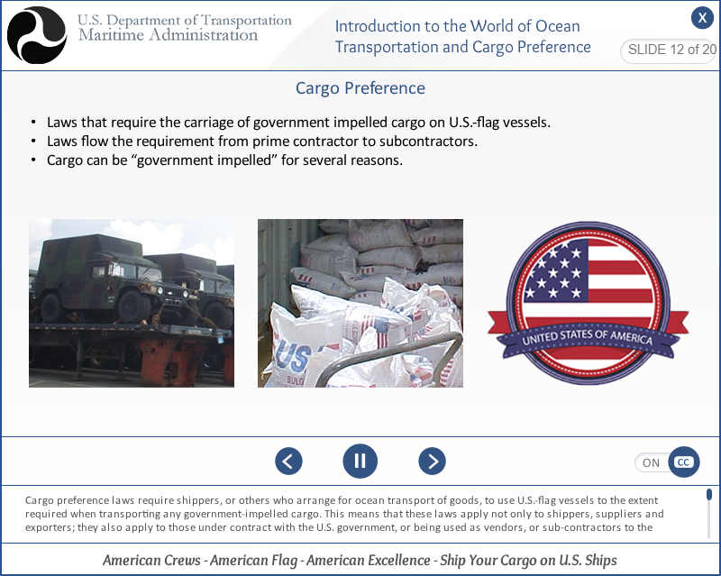 Designing Digitally - A slide from a U.S. Department of Transportation eLearning presentation showing a truck, an American flag, and text about cargo transportation laws. Designing Digitally -