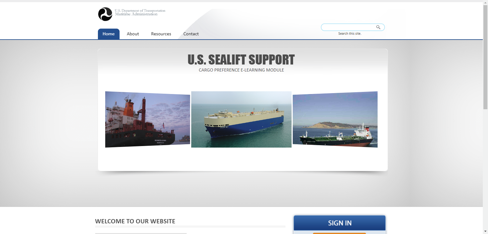 Designing Digitally - Screenshot of U.S. sealift support website homepage, featuring a banner with images of three ships and options for eLearning vendor sign-in or register. Designing Digitally -