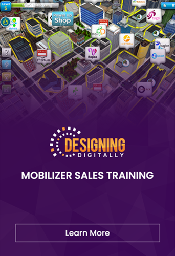 Designing Digitally - A screenshot of the "mobilizer sales training" mobile app by designing digitally, displaying a colorful virtual city map with various labeled buildings and a "learn more" button. Designing Digitally -