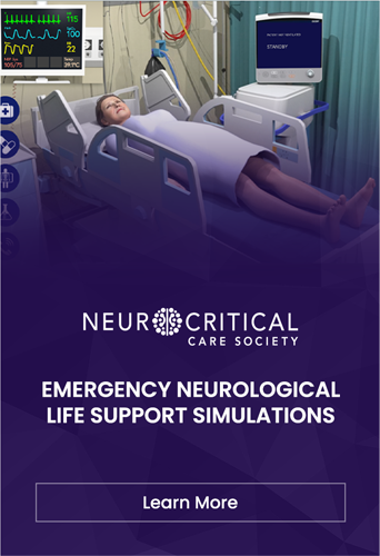 Designing Digitally - Promotional graphic for the neurocritical care society featuring a virtual reality emergency neurological simulation with a patient in a hospital bed, medical equipment, and a "learn more" button. Designing Digitally -
