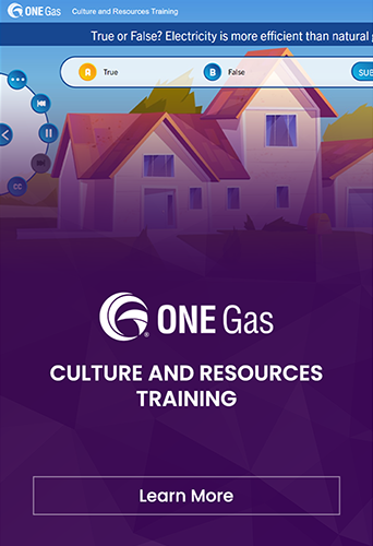 Designing Digitally - A digital learning interface for "one gas culture and resources training" featuring a quiz question about electricity and gas efficiency, and a logo at the bottom provided by an eLearning Vendor. Designing Digitally -