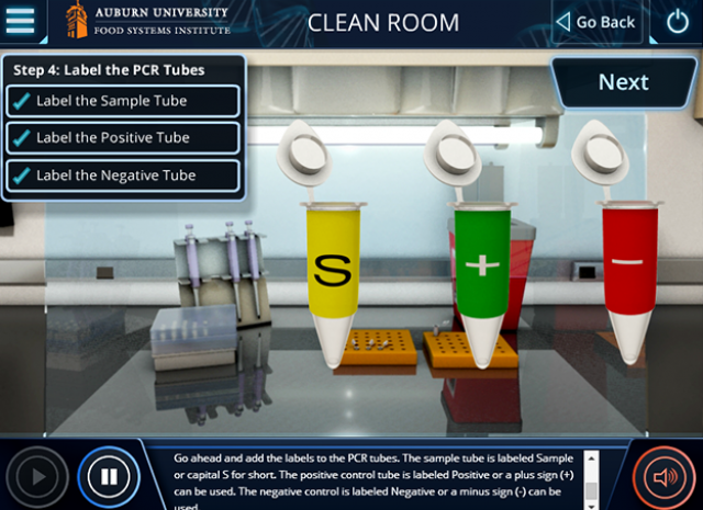 Designing Digitally - A clean room scene instructing how to label PCR tubes. Three tubes are labeled “Sample,” “Positive,” and “Negative” with text instructions and a “Next” button on the right side, part of the Polymerase Chain Reaction Simulation for Auburn University. Designing Digitally -