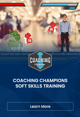 Designing Digitally - Promotional poster for "coaching champions soft skills training" with a man standing in the foreground in an office setting, using virtual reality equipment, and blurred office space in the background. Designing Digitally -