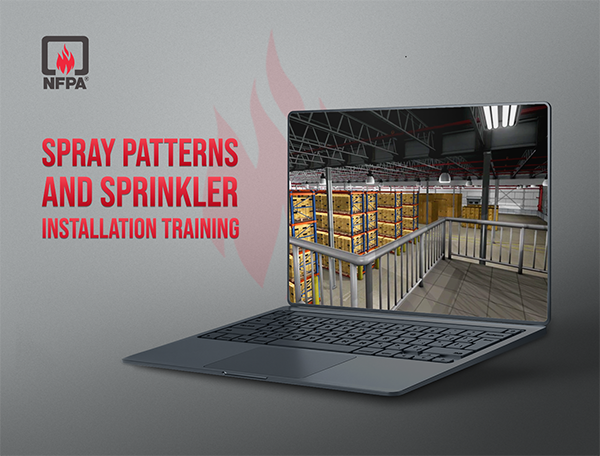 Designing Digitally - Laptop displaying an NFPA online training module on spray patterns and sprinkler installation in a warehouse setting, provided by an eLearning vendor. Designing Digitally -