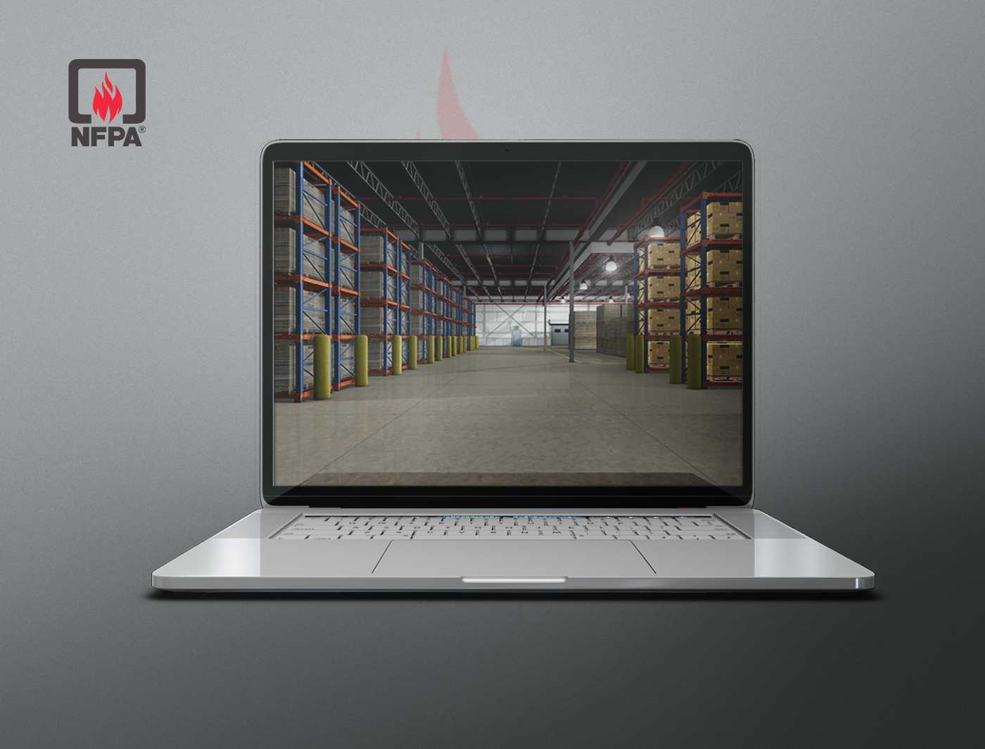 Designing Digitally - A laptop screen displaying a virtual reality representation of a warehouse with organized shelves and boxes, bearing the NFPA logo in the corner. Designing Digitally -