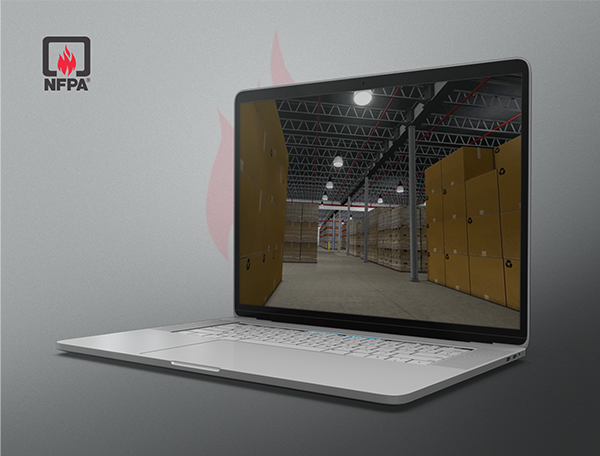Designing Digitally - Laptop displaying a virtual reality warehouse interior, positioned on a gray surface with the nfpa logo in the top left corner on a translucent red flame background. Designing Digitally -