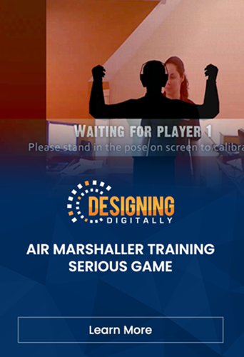 Designing Digitally - A person stands in front of a screen in a pose for calibration in the Air Marshalling Training Serious Game by Designing Digitally. The screen displays instructions and the game logo, exemplifying how training games for workplace training enhance skills effectively. Designing Digitally -