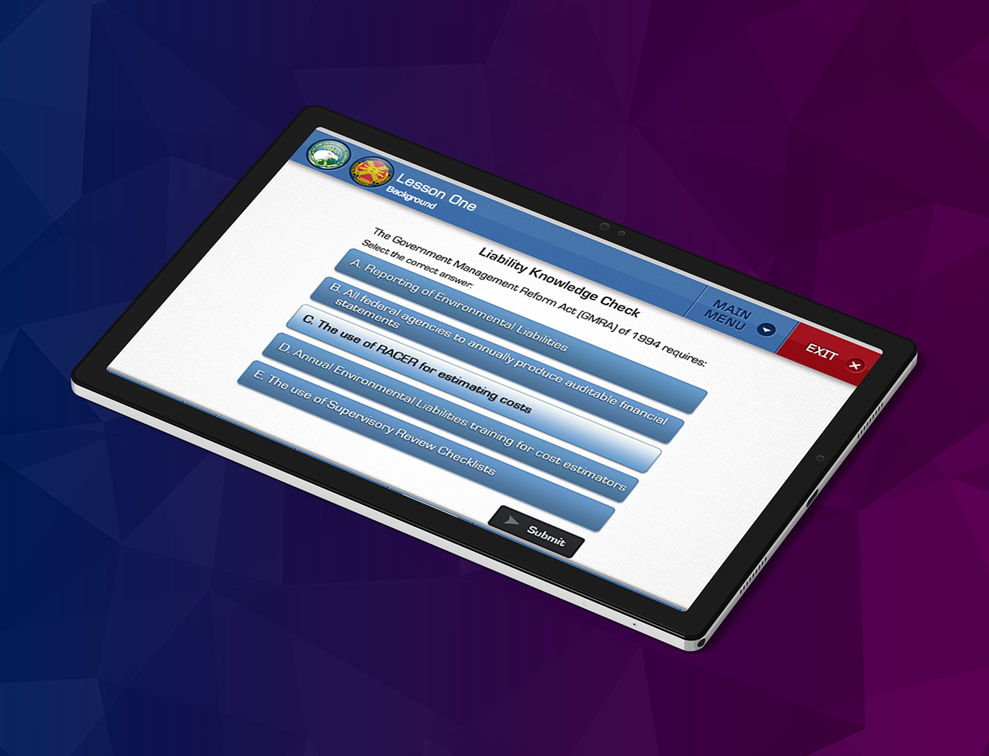 An online Environmental Liability Training tablet, displaying a form on its screen.