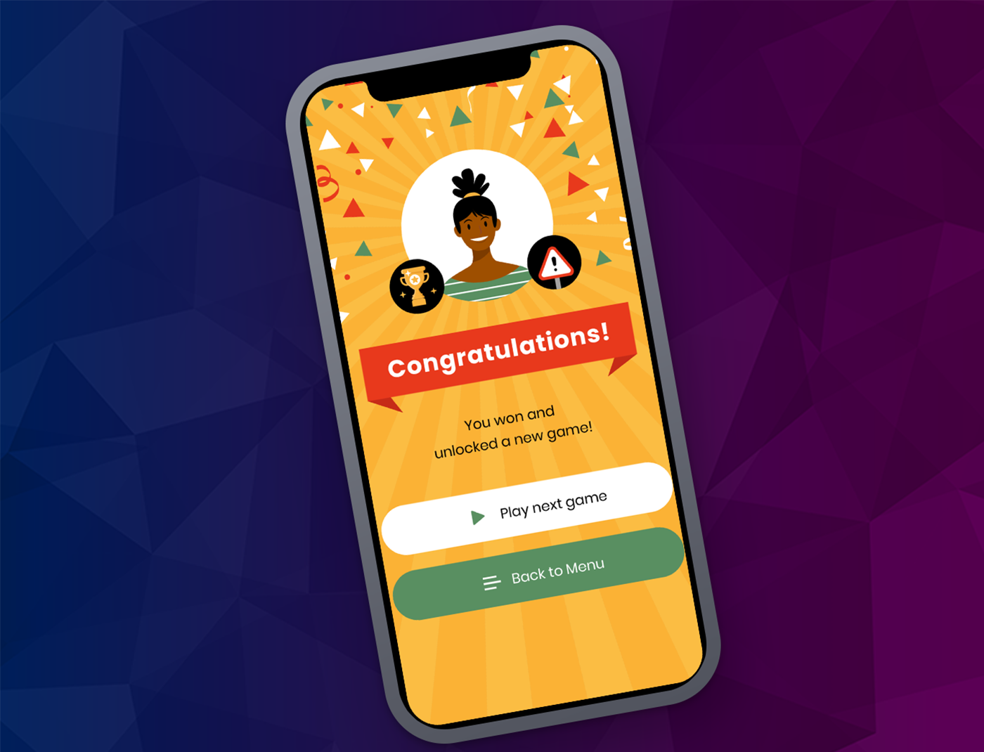 A phone screen displaying the word "congratulations" - a moment of celebration on a mobile application for drivers education.