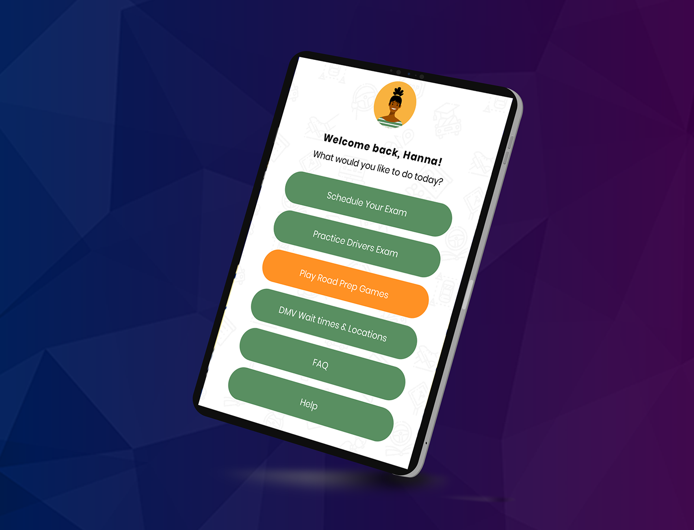 A mobile phone with a business quiz app on it for drivers education.